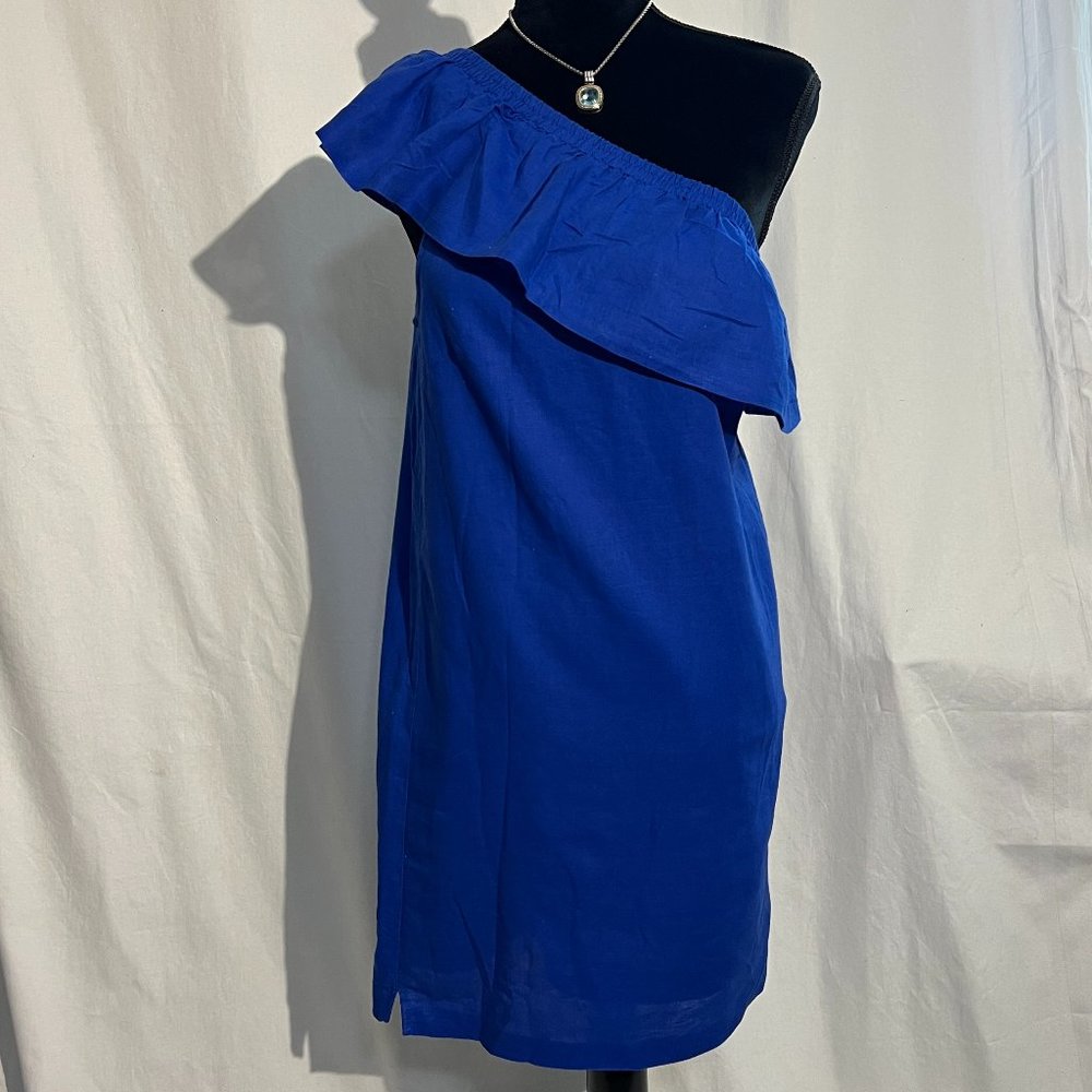 J Crew Royal Blue Off one Shoulder Ruffled Top Straight Dress